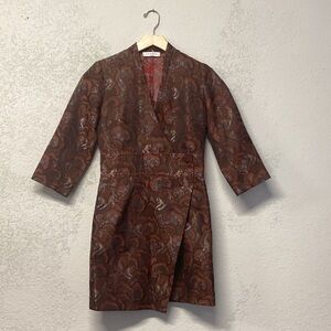 SANDRO Brown Tiger Paisley 3/4 Sleeve Jacquard VNeck Wrap Dress Size 2